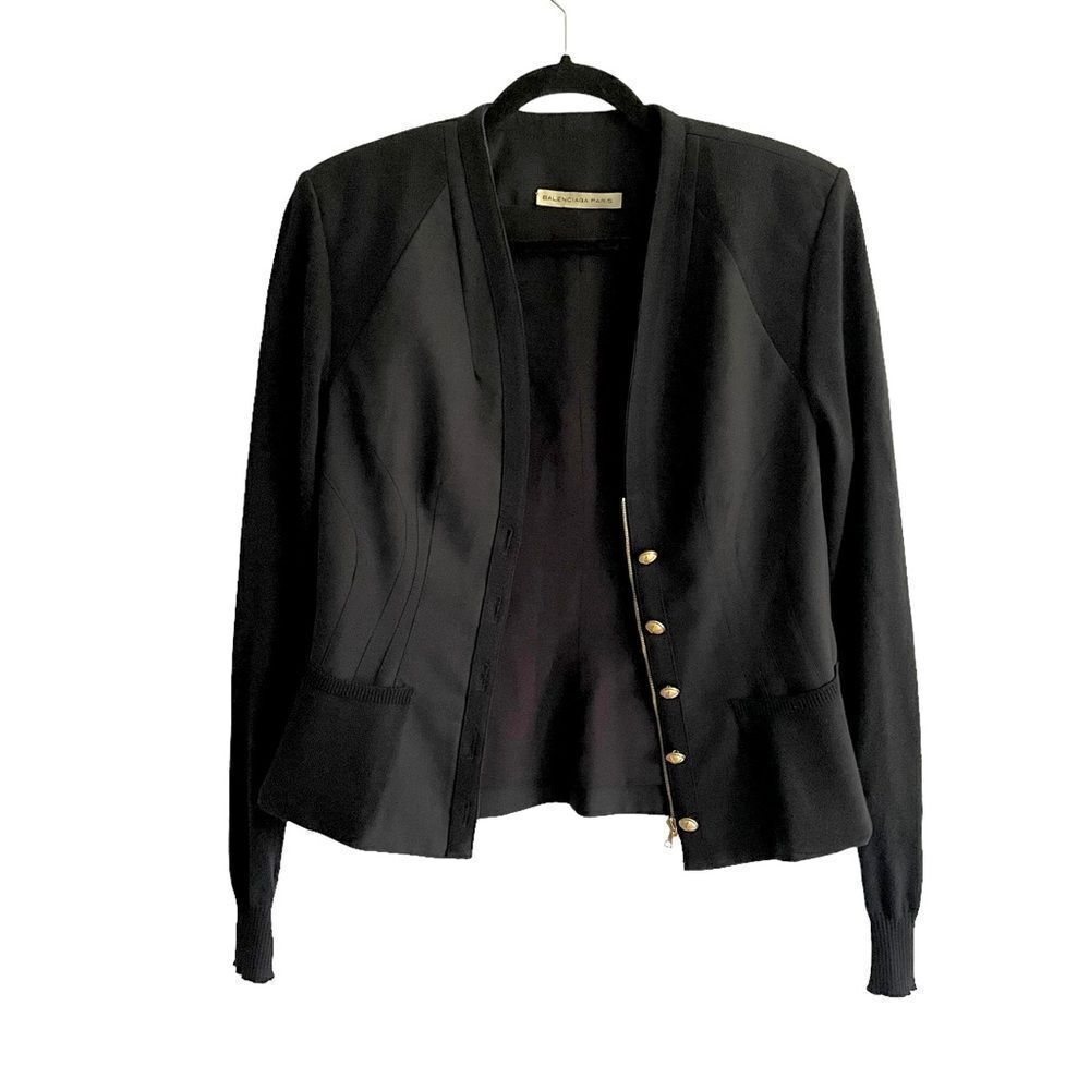 BALENCIAGA Paris Tailored Button Front Blazer Jacket Wool Silk Black 38 - Picture 4 of 10